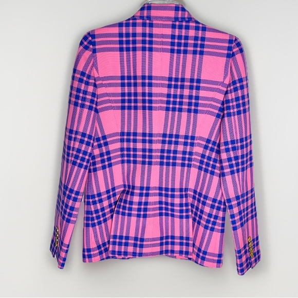 New Smythe Hutton Tailored Cotton Plaid Cutaway Blazer Carnation Pink Plaid Sz6 - Picture 3 of 9